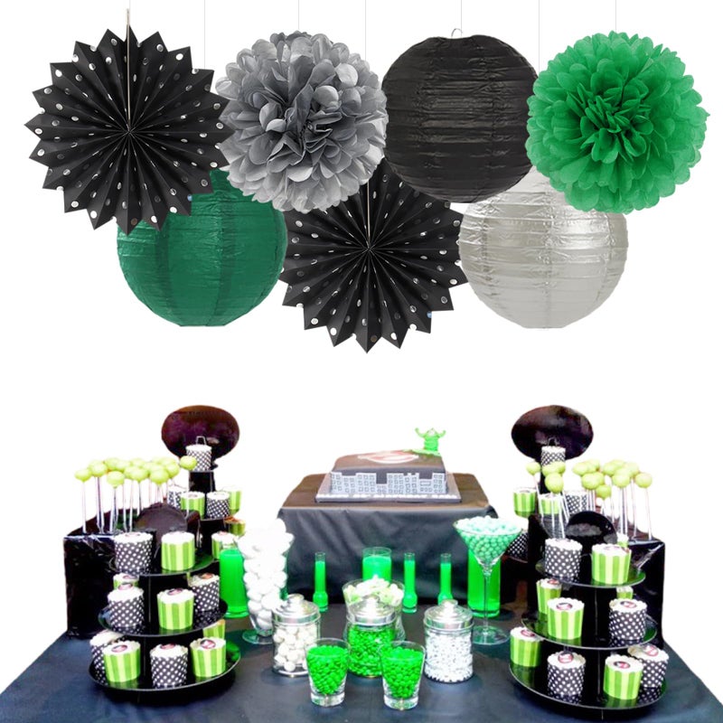 burgleda Black Green Silver Football Party-Decorations - 20pcs Soccer Theme Graduation Paper Lanterns Fans,Tissue Pom Poms,Honeycomb Balls,Men Boys Birthday Sports Spring Jungle Baby Shower Decor Burgleda - Image 5